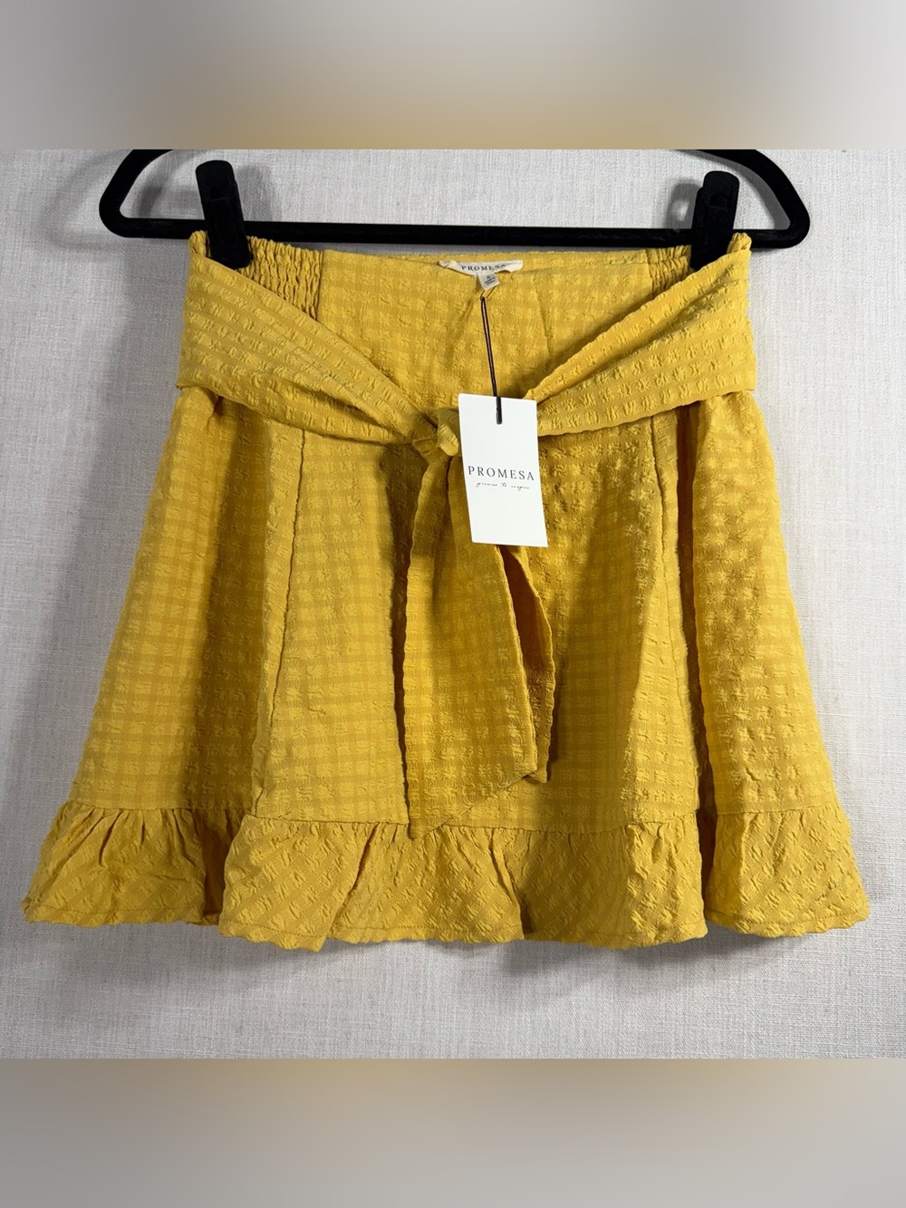 Promesa Mustard Textured Tie-Waist Mini Skirt